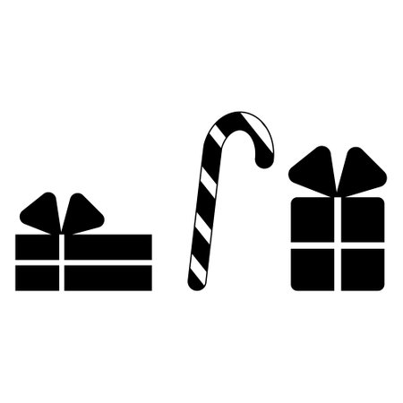 Set of festive Christmas paraphernalia gifts and candy, black isolated silhouette iconのイラスト素材
