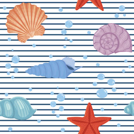 A pattern of seashells of different colors on a white striped background.のイラスト素材