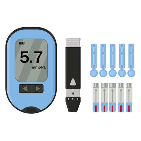 Icons Set with blood glucose meter insulin pen syringe isolated vector illustration.のイラスト素材