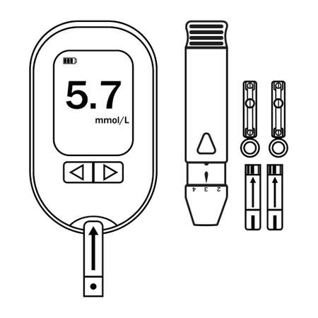 Set of icons with blood glucose meter insulin pen syringe isolated vector illustration contourのイラスト素材
