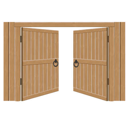 Old wooden massive open gates, vector illustration. Double door with iron handles and hingesのイラスト素材