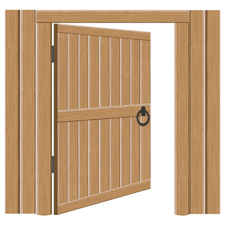 Old wooden massive open gates, vector illustration. Single door with iron handles and hinges.のイラスト素材