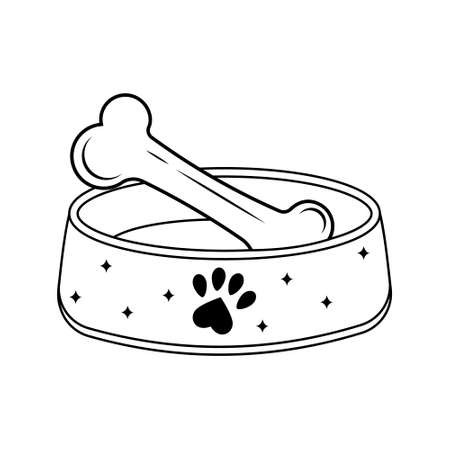 A bowl with a bone for dogs and cats. Vector illustration of a black outline isolated on a white background.のイラスト素材