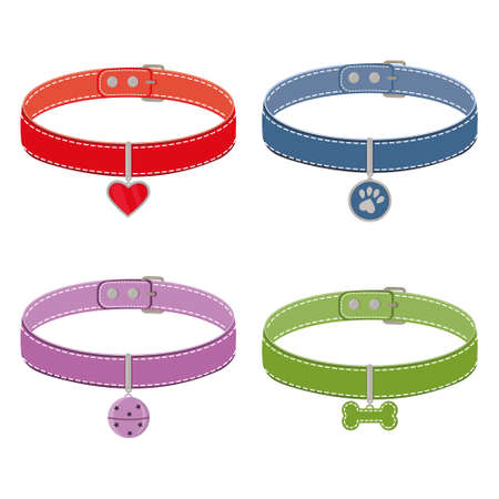 A set of colorful collars for cats and dogs with a pendant. Vector isolated cartoon-style illustration.のイラスト素材