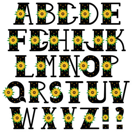 Alphabet with sunflower, letters, color vector illustrationのイラスト素材