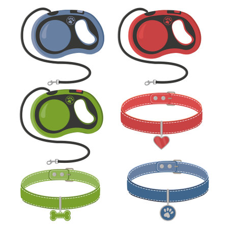 A set of accessories for dogs and cats, a collar with a medallion and a tape measure leash. Isolated vector illustrationのイラスト素材