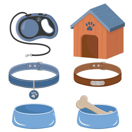 A set of accessories for dogs and cats, a booth, bowls with food, a leash and collars with a medallion.のイラスト素材