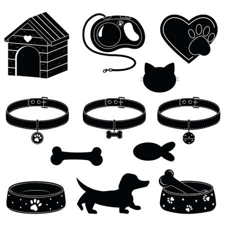 set of booth, bowl, collar and leash for dog and cat, isolated vector illustration iconsのイラスト素材