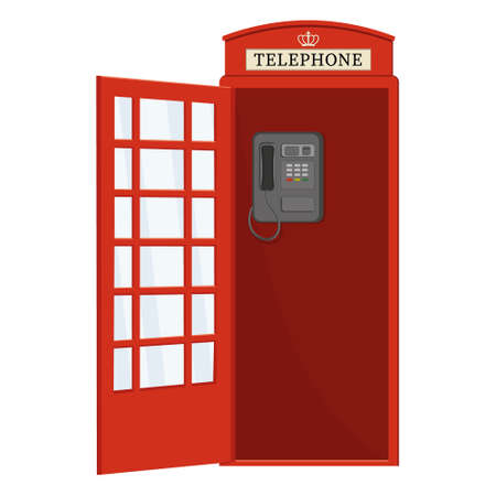 Red telephone booth with open door, color vector isolated cartoon-style illustrationのイラスト素材