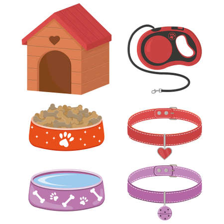 A set of accessories for dogs and cats, a booth, bowls with food, a leash and collars with a medallionのイラスト素材