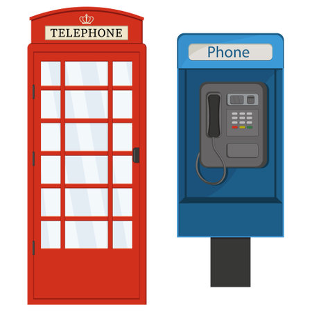 Red and blue telephone booth, color vector isolated cartoon-style illustrationのイラスト素材