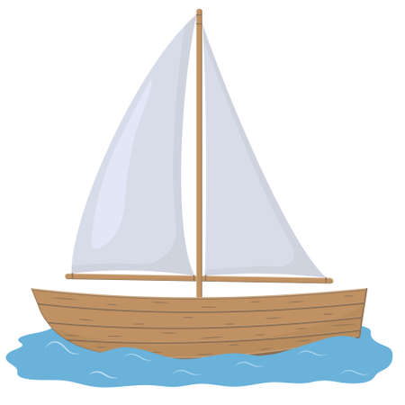 Wooden boat with sail color vector illustration in cartoon style on a white background.のイラスト素材