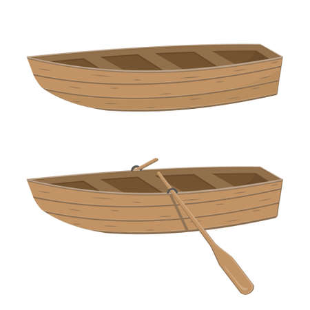 Wooden boat with oars, Color vector illustration in cartoon style on a white background.のイラスト素材