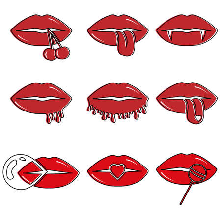 Collection of red female lips. Vector illustration of sexy woman's lips. Smile, kiss.のイラスト素材