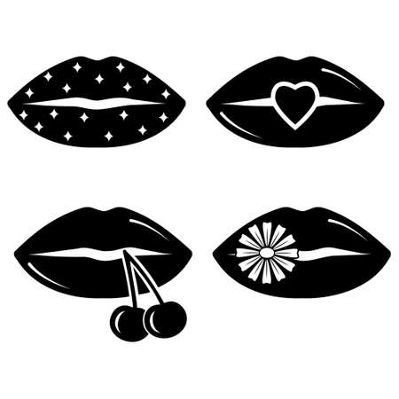 Collection of womens lips. stencil icon, doodle. Vector illustration of sexy womans lips. Smile, kiss.のイラスト素材