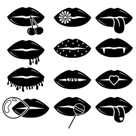 Collection of womens lips. stencil icon, doodle. Vector illustration of sexy womans lips. Smile, kissのイラスト素材