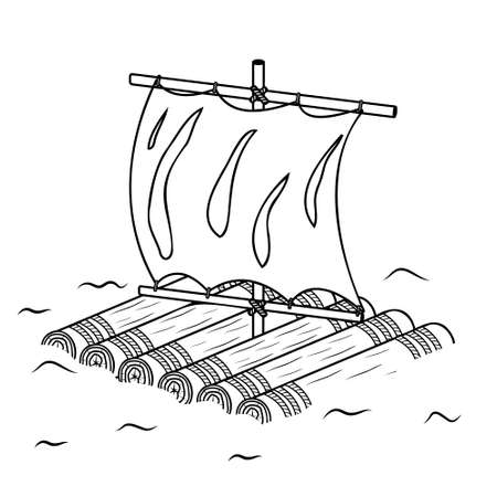 Wooden raft with sail, isolated vector illustration black outline sketch doodleのイラスト素材