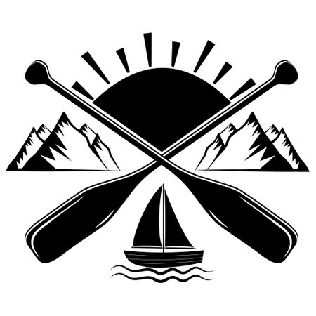 Emblem, label  on the theme of tourism, recreation and fishing outdoors, Vector illustration panoramaのイラスト素材