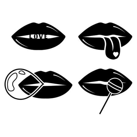 Collection of womens lips. stencil icon, doodle. Vector illustration of sexy womans lips. Smile, kiss.のイラスト素材