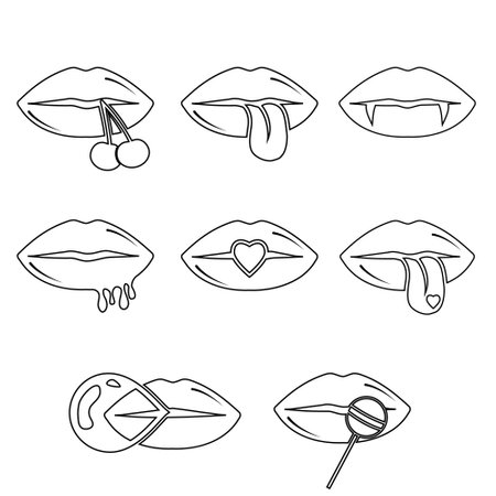 Collection of womens lips. black contour, doodle. Vector illustration of sexy womans lips. Smile, kissのイラスト素材