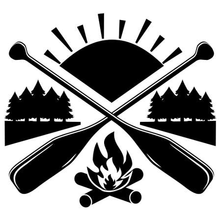 Emblem, label  on the theme of tourism, recreation and fishing outdoors, Vector illustration panorama.のイラスト素材