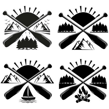 Emblem, label  on the theme of tourism, recreation and fishing outdoors, Vector illustration panoramaのイラスト素材