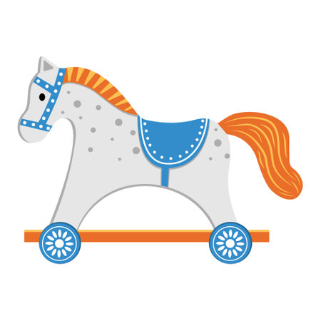 An icon with the image of a children's wooden toy rocking horse. Vector isolated cartoon-style illustrationのイラスト素材