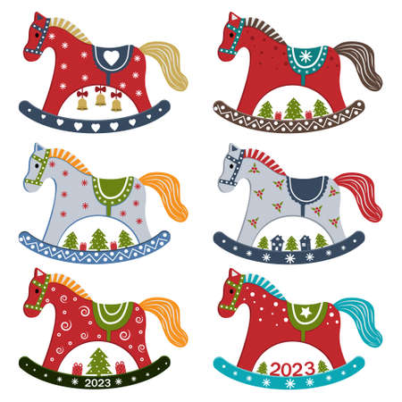 Christmas toy for the Christmas tree rocking horse in vintage style with a symbol of the New Year. Vector illustration isolated on a white backgroundのイラスト素材