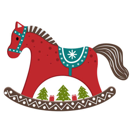 Christmas toy for the Christmas tree rocking horse in vintage style with a symbol of the New Year. Vector illustration isolated on a white backgroundのイラスト素材