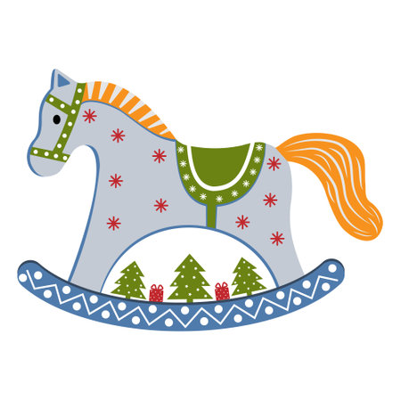 Christmas toy for the Christmas tree rocking horse in vintage style with a symbol of the New Year. Vector illustration isolated on a white backgroundのイラスト素材