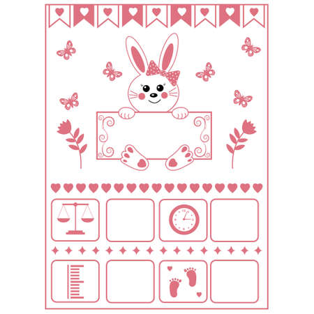 Cartoon template of baby birth certificate for girls. Named Rachelのイラスト素材