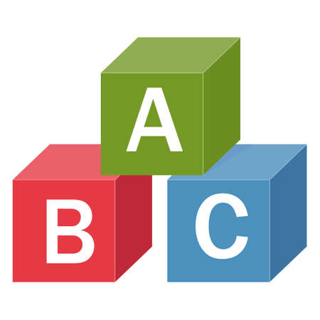 Wooden alphabet cubes with letters A, B, C, color vector isolated illustrationのイラスト素材
