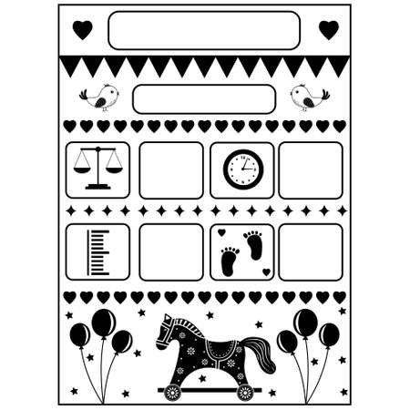 Cartoon template of a childs birth certificate with a wooden horse, metrics. Vector illustrationのイラスト素材