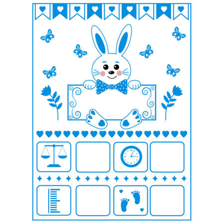 Cartoon template of a childs birth certificate with a hare, metrics. Vector illustrationのイラスト素材