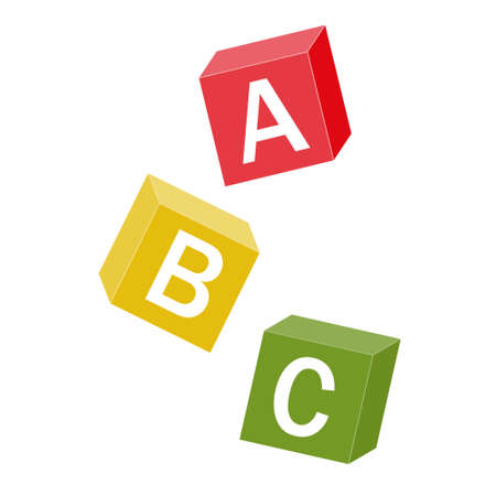 Wooden alphabet cubes with letters A, B, C, color vector isolated illustrationのイラスト素材