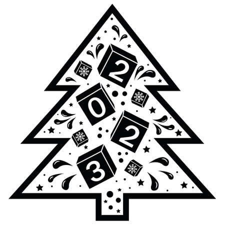 Christmas tree with 2023 and pattern, vector illustration black templateのイラスト素材