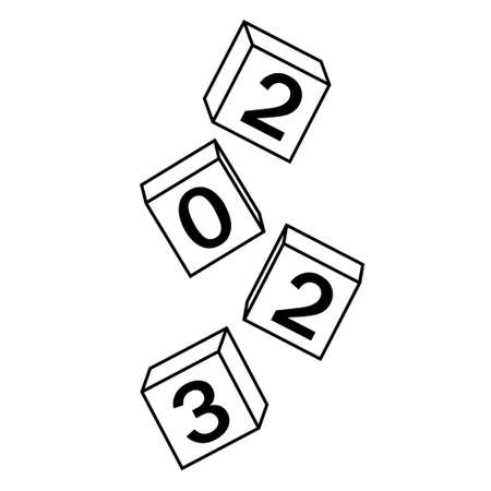 Calendar for Christmas, new year falling cubes with the number 2023, black contour doodle, vector...