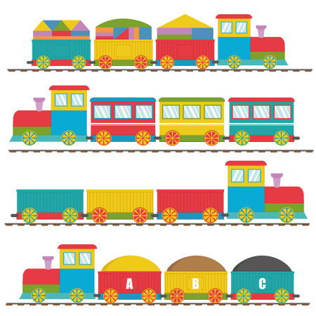 Wooden train with carriages, color vector illustration in flat styleのイラスト素材