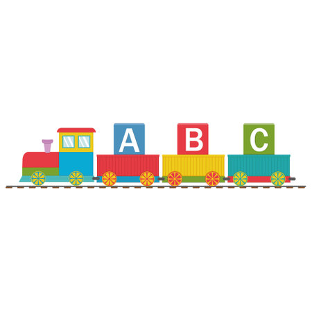 Wooden train with cars and letters ABC, back to school, color vector illustration in flat styleのイラスト素材