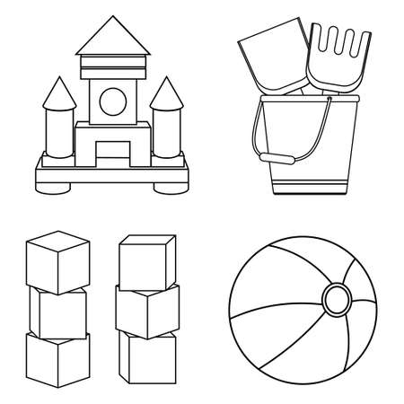 Set of childrens toys, black outline, coloring book, vector isolated illustrationのイラスト素材