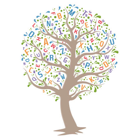 Tree with letters, color vector illustration, isolated on white backgroundのイラスト素材