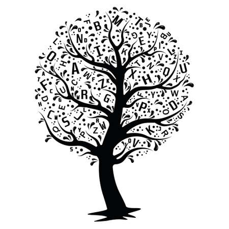 Tree with letters, color vector illustration, isolated on white backgroundのイラスト素材