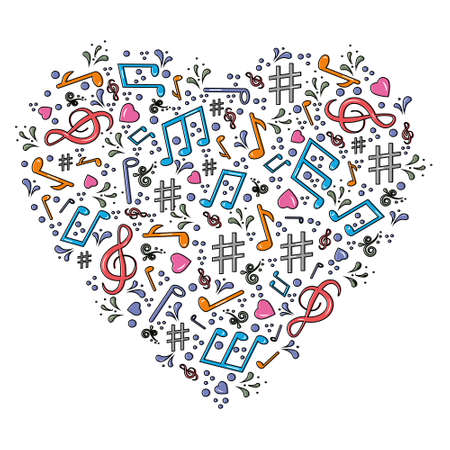 musical notes in the form of a heart icon, love music, hand drawn vector illustration sketchのイラスト素材