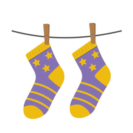 Childrens colored socks hanging on a rope, vector isolated illustrationのイラスト素材