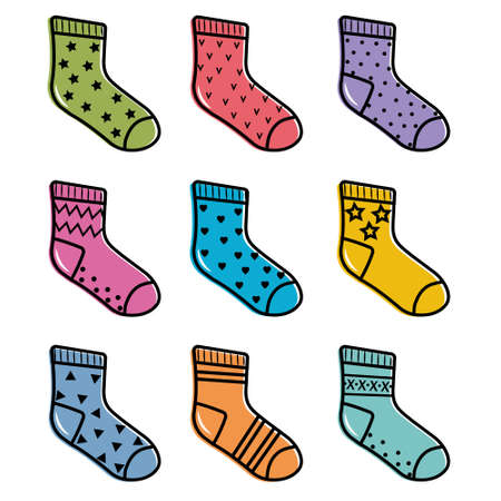 Childrens colored socks, vector isolated cartoon-style illustrationのイラスト素材