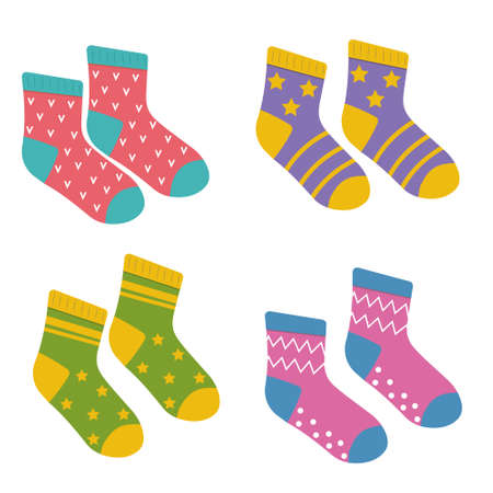 Childrens colored socks, vector isolated cartoon-style illustrationのイラスト素材