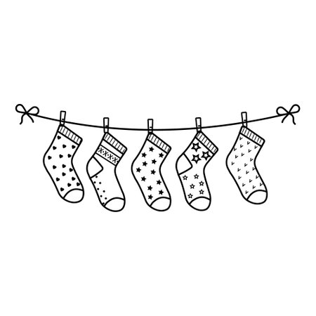 Childrens socks on a rope, black outline, vector illustrationのイラスト素材