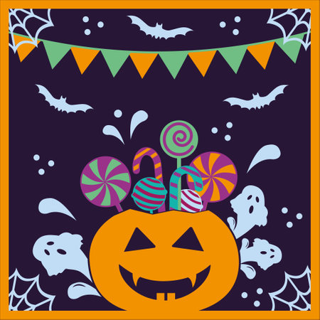 Halloween pumpkin basket full of candies and sweets on violet backgroundのイラスト素材