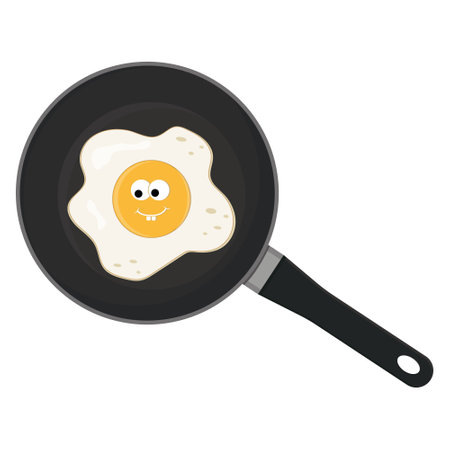 Fried egg character with kawaii eyes in a frying pan, black outline, line, vector illustrationのイラスト素材