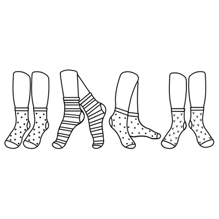 Warm socks on the feet with a pattern, black outline, vector illustrationのイラスト素材